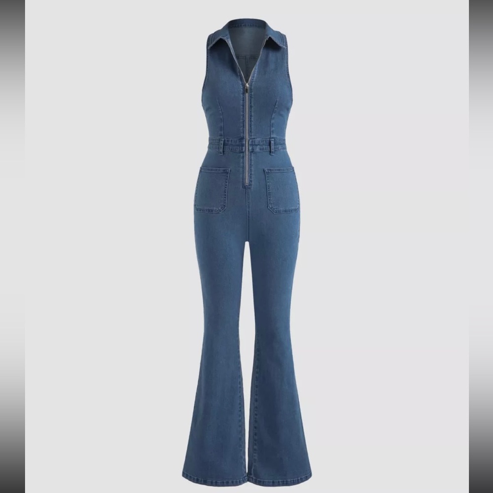 Denim collar flare leg jumpsuit